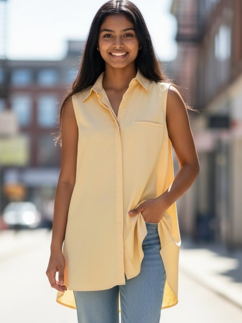 Athleta Sleeveless Button-Front Tunic in Pale Yellow Size M